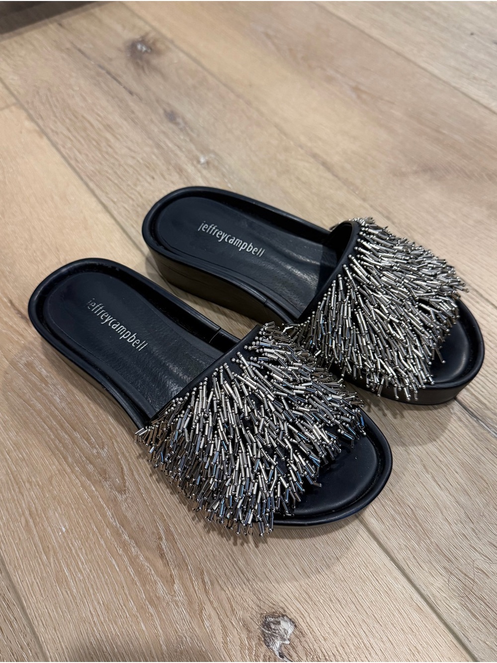 Jeffrey Campbell Black Slides with Silver Beaded Fringe